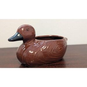 Vintage Hand Painted Faux Wood Ceramic Duck Planter Hunter Lodge Cabin Decor